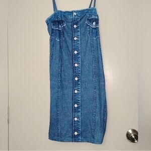 Casual Blue Button-Down Denim Midi Dress